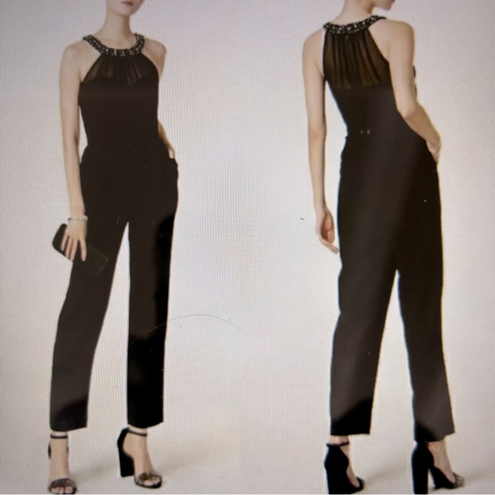 VINCE CAMUTO Black Evening Jumpsuit, Rhinestone Embellished Neckline, Size 8 NWT
